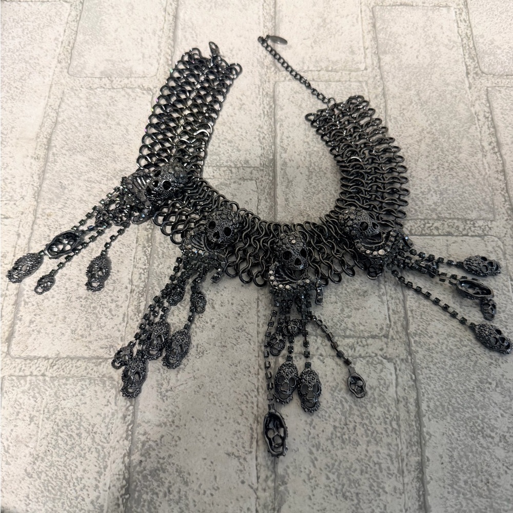 Natasha Gothic Rhinestone Gun Metal Skull Statement Necklace